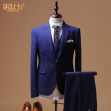 男士西服套装修身商务休闲潮韩版西装蓝色正装新郎结婚礼服三件套