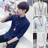 夏季男士亚麻七分袖衬衫韩版修身青少年潮男中袖白色立领衬衣寸衫