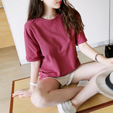 2016夏季新款韩版宽松纯棉短袖上衣纯色学生半袖BF风棒球服女t恤