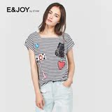 Etam/艾格 E＆joy2016夏新品方领条纹印花短袖T恤女16082812895