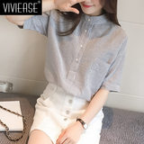 vivi ease2016夏季新款韩范竖条纹半袖立领棉麻衬衫女士宽松衬衣