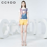 CCDD2016春装新款专柜正品女 雪纺印花拼接棉氨汗布短袖T恤上衣