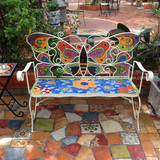 彩色铁艺蝴蝶蓝底菊花折叠双人公园椅,玄关换鞋椅，庭院椅