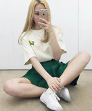 韩国小清新必备中长款刺绣玉米T+纯色少女高腰半身百褶裙两件套装