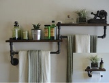 定制创意复古铁艺浴室毛巾架 日式zakka实木壁挂搁板置物架