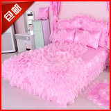 婚庆粉色蕾丝四件套全棉床上用品公主1.8m米床贡缎提花被套床裙式