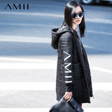 Amii2015冬装新款女装字母印花中长款大码休闲连帽棉衣外套棉服
