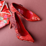 中国风刺绣红色婚鞋新娘鞋尖头细跟高跟鞋中式回门鞋宴会鞋单鞋女