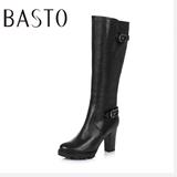 BASTO/百思图冬季专柜同款圆头粗跟高跟牛皮女靴长靴15X51DG5