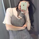韩国ulzzang春夏女装短袖百褶T恤+V领千鸟格气质吊带连衣裙两件套