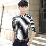 男士纯棉中袖黑白竖条纹修身衬衫 韩版青年型男发型师七分袖衬衣
