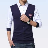 米郎尼秋装新款男长袖衬衫假两件韩版修身尖领衬衣男青年休闲外套