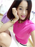 夏季韩国女装短袖t恤韩国修身紧身橘色高领纯棉半袖纯色打底衫潮