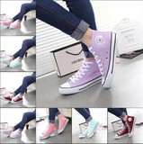 新款2016韩版平底透气高帮板鞋帆布鞋女鞋紫色酒红高腰单鞋白色鞋