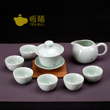 恒福茶具 越窑青瓷 功夫茶具越窑古意盖碗半组 整套陶瓷茶具 正品