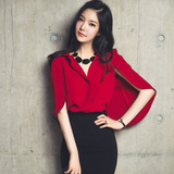 韩版2016女装新款正品气质V领斗篷披肩夏时尚红色雪纺衬衫