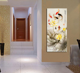 家和富贵牡丹九鱼图现代客厅装饰画玄关单幅竖版无框画过道墙壁画