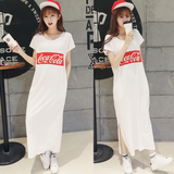 新款夏装韩版超长款白色T恤裙女字母大码宽松短袖连衣裙纯棉长裙