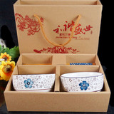 青花瓷系列 日式手绘碗筷陶瓷餐具套装 活动商务礼品婚庆礼盒批发
