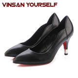 VINSAN/2015新款女单鞋尖头小鞋跟鞋橡胶鞋底时尚胎牛皮女单鞋