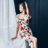 包臀裙子2016夏装新款韩版女装修身一字领露肩抹胸性感印花连衣裙
