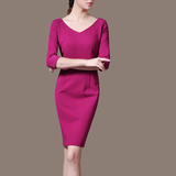 香港代购韩国SZ秋冬品牌女装玫红连衣裙中长款七分袖大码修身气质