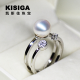 凯斯佳珠宝 正品天然珍珠戒指S925纯银镶钻可调节 超大牌时尚新款