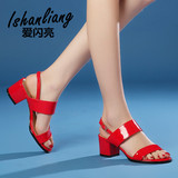 2016夏季新款韩版中跟真皮露趾凉鞋女40一字扣带红粗跟罗马女鞋子