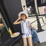 包邮2016夏季韩版新款女装 打结领竖条纹雪纺衬衣