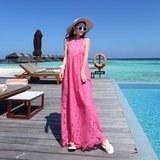 波西米亚刺绣蕾丝纯色镂空长裙沙滩裙夏海边度假连衣裙显瘦显气质