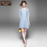 IKXO艾柯索 新款女装V领钉珠镶钻中袖初秋欧美气质性感镂空连衣裙