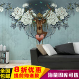 手绘花卉麋鹿大型壁画 欧式复古卧室客厅电视背景墙壁纸 个性环保