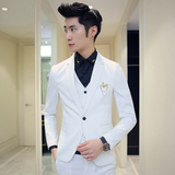 2016春季男式韩版修身白色西服套装英伦潮流青年男士休闲三件套装
