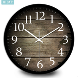HICAT欧式创意木板纹大号静音挂钟 现代时尚客厅个性卧室钟表尖货