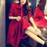 香港正品代购2016春夏新款女装修身蝴蝶结长袖雪纺长裙红色连衣裙