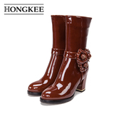 HONGKEE红科15年冬款靴子女漆皮PU尖圆头舒适粗跟中筒靴HA1703