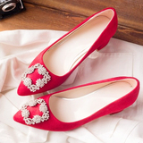 水钻高跟鞋结婚鞋子红色新娘鞋粗跟大码女鞋41-43单鞋中跟红鞋40