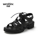 Westlink西遇女鞋2016夏季新款真皮露趾交叉系带中粗跟罗马女凉鞋