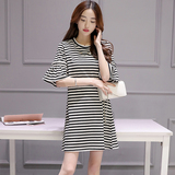 韩国风代购SZ ON ME夏季新款女装短袖条纹连衣裙荷叶袖针织A字裙