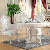 欧式圆餐桌椅组合法式天然大理石圆桌实木双层带旋转橡木白色餐台