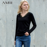 Amii[极简主义]夏装新款欧货时尚女装衣服潮V领长袖T恤女秋季上衣