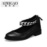 AIMIGAO爱米高2016春季新款 牛皮低跟链条复古单鞋女粗跟圆头女鞋