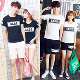 2016夏新款韩版字母短袖T恤+休闲短裤两件情侣装运动套装男女班服