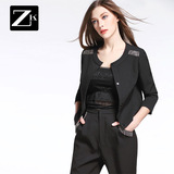 ZK黑色圆领百搭修身显瘦流苏七分袖短外套女装短款2016春装新款潮