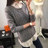 2016春季新款韩版衬衣领假两件套针织套头毛衣 女装针织衫