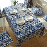 宜家蓝色印花纯棉桌布 地中海风格布艺台布 桌布椅套靠背组合