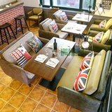 新款 西餐厅咖啡厅沙发 实木桌椅组合 复古麻布休闲餐厅沙发桌椅