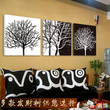 时尚装饰画客厅现代简约无框画走廊墙壁挂画抽象黑白发财树三联画