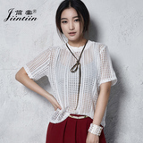 2016韩版女士短袖T恤 蕾丝镂空休闲打底衫短款女宽松T恤罩衫