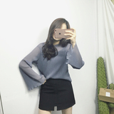 韩国2016春夏新款 百搭性感微透圆领褶皱雪纺衫喇叭袖上衣两件套